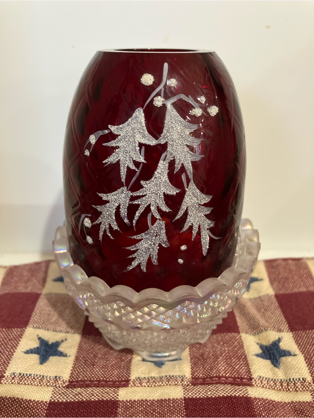 Vintage Fenton Fairy Light Ruby Red Optic Holly Signed Christmas EXCELLENT.